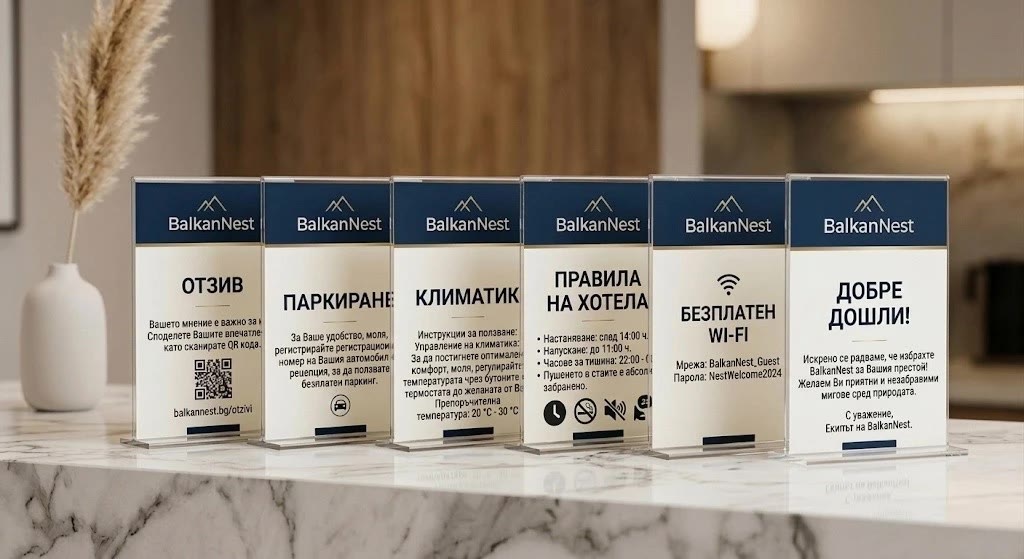 6 брандирани A4 табели за апартамента — WiFi, правила, напускане